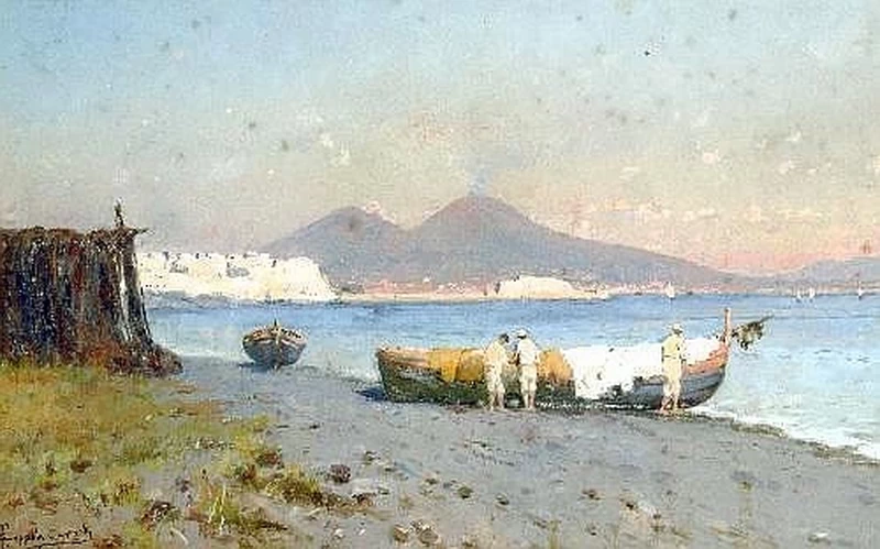  21-Francesco Coppola Castaldo-Scena costiera del Golfo di Napoli, pescatori che asciugano reti 